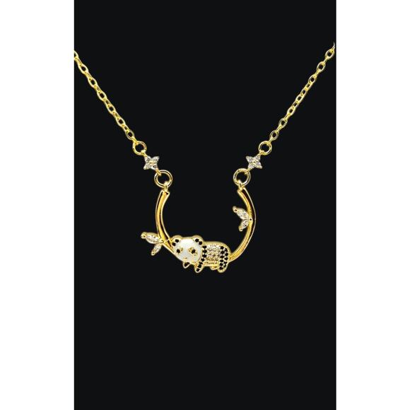Black White Panda Bear Necklace Pendant CZ Statement Animal Unique Gold-Plated - Picture 1 of 8